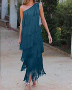 Chic Open-Shoulder Fringe Dress