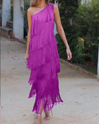 Chic Open-Shoulder Fringe Dress