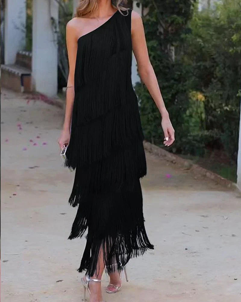 Chic Open-Shoulder Fringe Dress