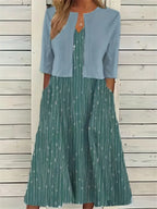 Chic Floral Two-Piece Dress Set Featuring Solid Crop Top and Round Neck