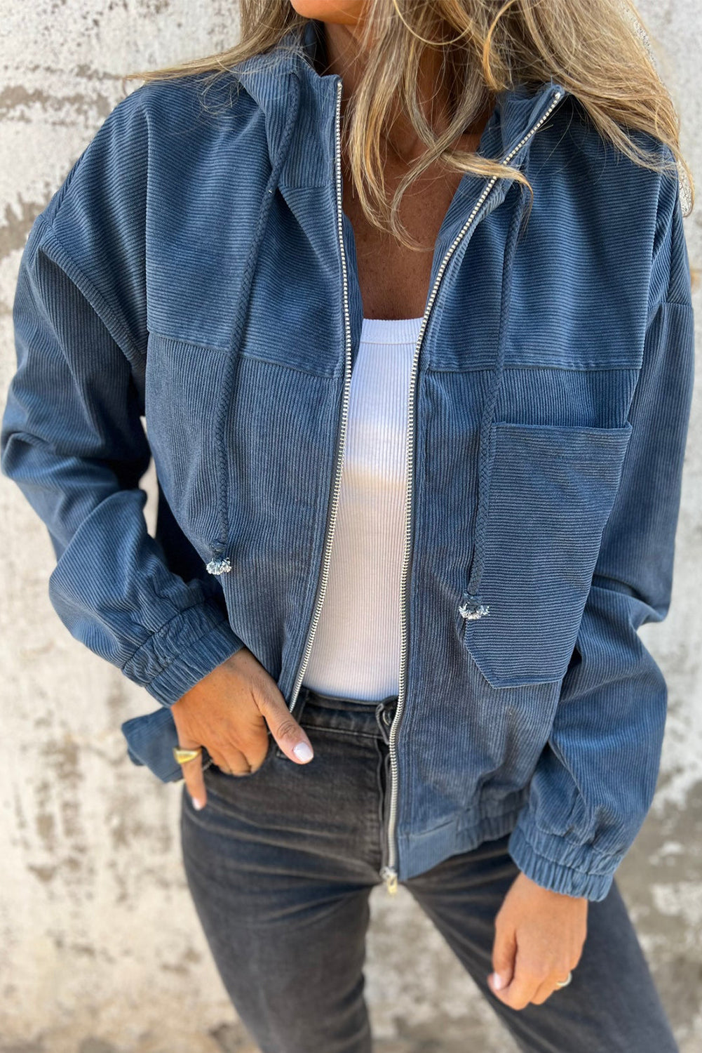 Teal Hooded Jacket Featuring Zipper and Adjustable Drawstring