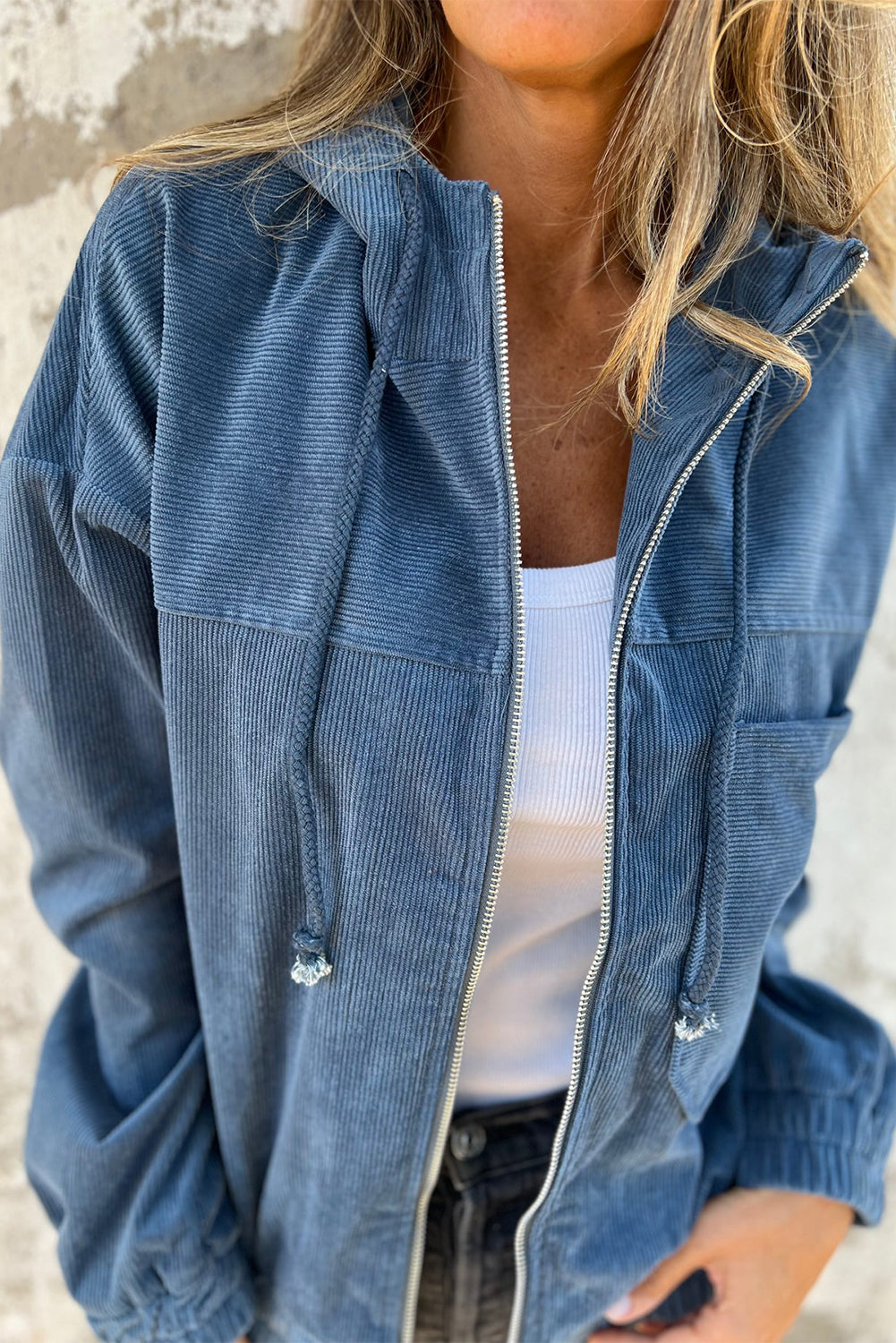 Teal Hooded Jacket Featuring Zipper and Adjustable Drawstring