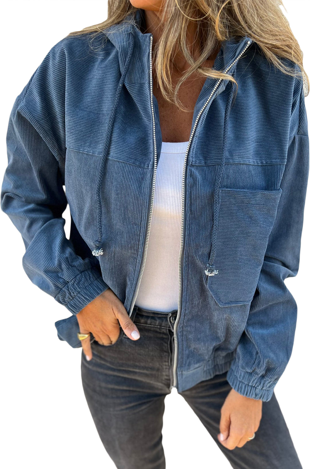 Teal Hooded Jacket Featuring Zipper and Adjustable Drawstring