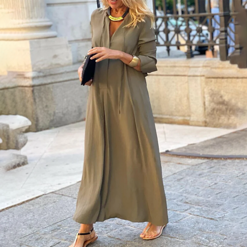 Chic V-Neck Maxi Dress with Elbow-Length Sleeves for Summer