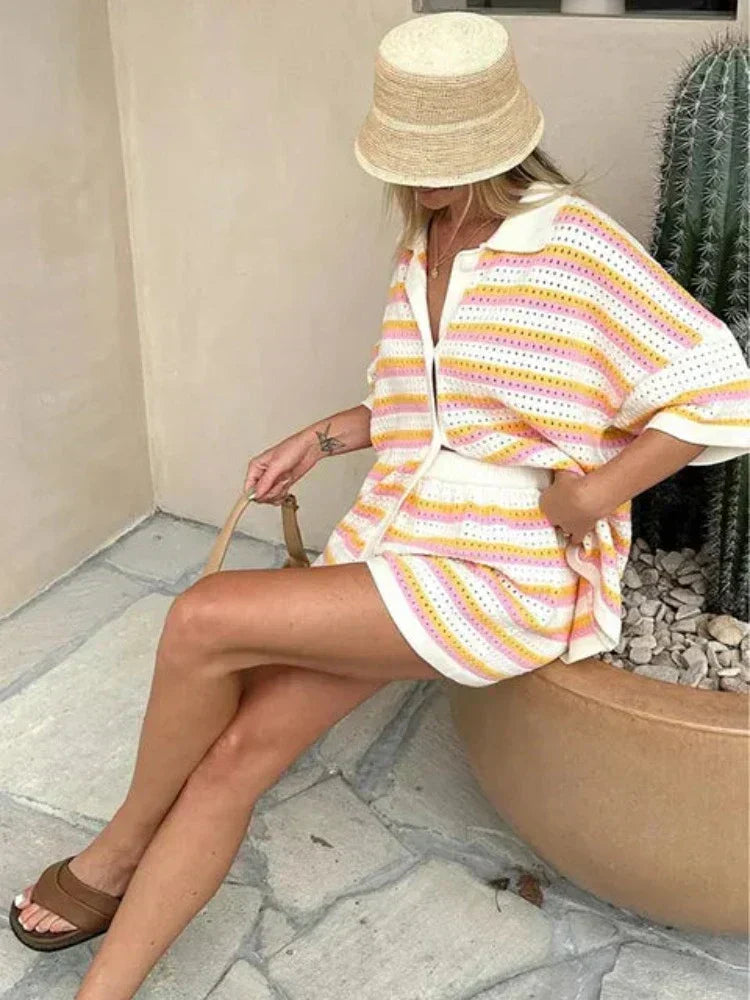 Women's Two-Piece Knit Set with Striped Contrast