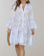 Stylish V-Neck Embroidered Dress with Bell Sleeves for Easy Comfort