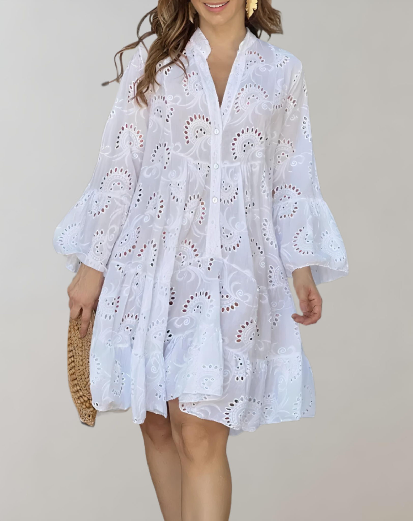 Stylish V-Neck Embroidered Dress with Bell Sleeves for Easy Comfort
