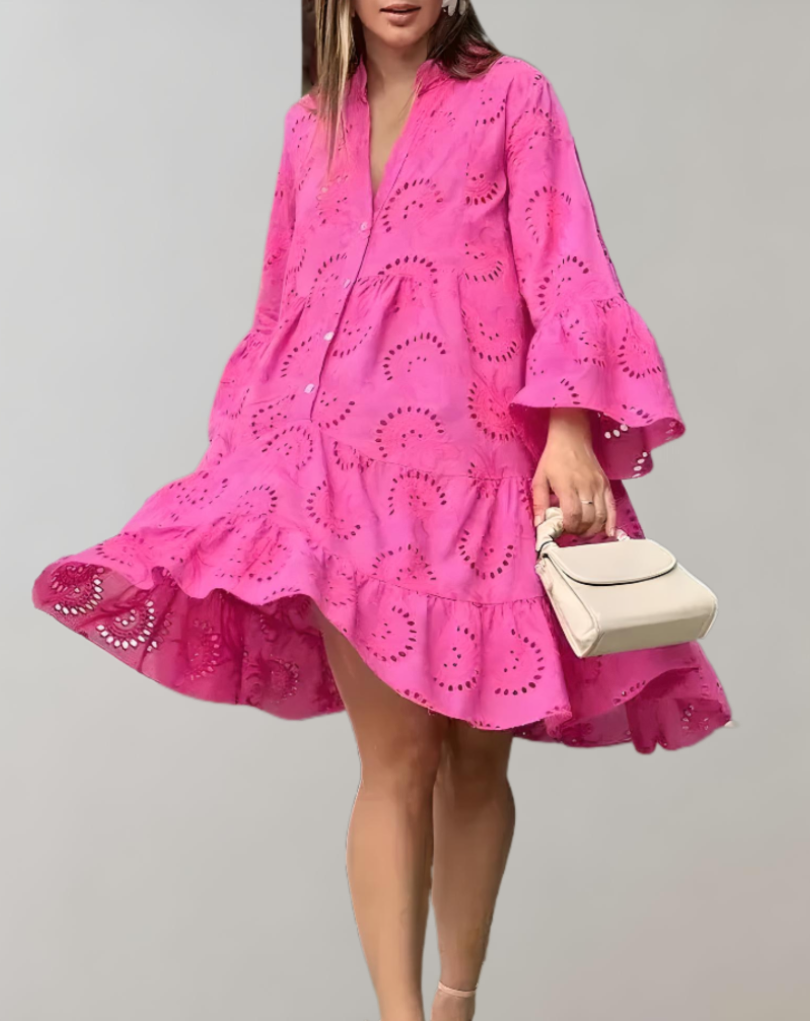 Stylish V-Neck Embroidered Dress with Bell Sleeves for Easy Comfort