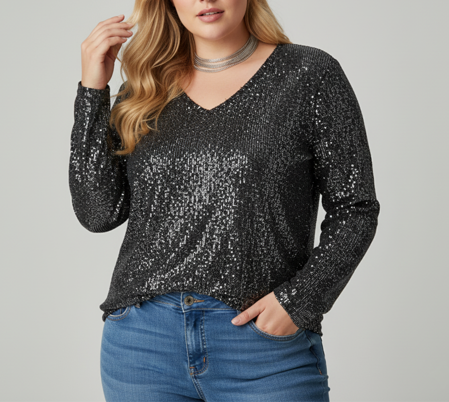 Stylish V-Neck Shimmer Top for Women | Available in Plus Sizes