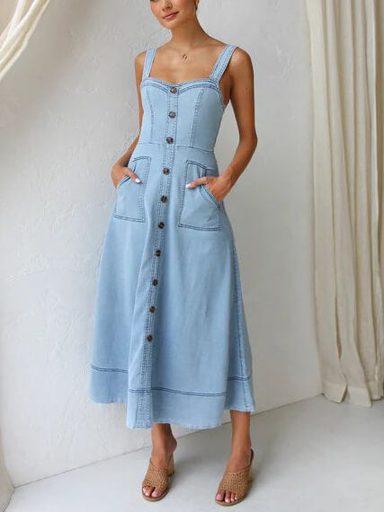 Casual Midi Dress with Denim Straps and Button-Up Design