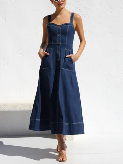 Casual Midi Dress with Denim Straps and Button-Up Design