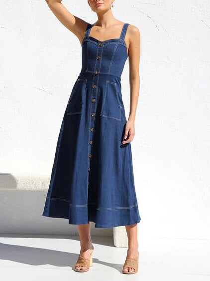 Casual Midi Dress with Denim Straps and Button-Up Design