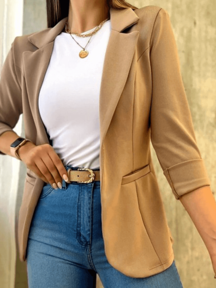 Chic Women's Solid Blazer with Pockets, Lapel Collar, and Long Sleeves