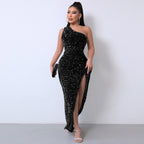 Chic One-Shoulder Sequin Dress with Dramatic High Slit