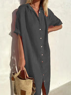 Chic Women's Casual Dress with Wide Sleeves and Button Details, Crafted from Cotton and Linen