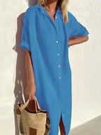 Chic Women's Casual Dress with Wide Sleeves and Button Details, Crafted from Cotton and Linen