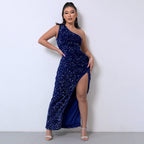 Chic One-Shoulder Sequin Dress with Dramatic High Slit