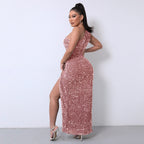 Chic One-Shoulder Sequin Dress with Dramatic High Slit