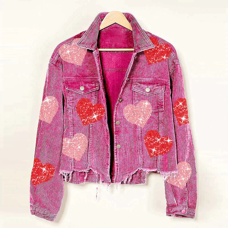 Heart-Embellished Corduroy Jacket with Sequin Details