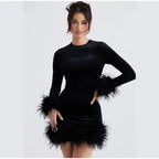 Chic Sheath Dress Featuring Feather-Trimmed Sleeves