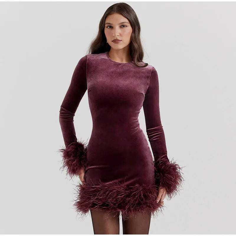 Chic Sheath Dress Featuring Feather-Trimmed Sleeves