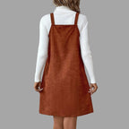 V-Neck Corduroy Dress with Strappy Details and Button Embellishments