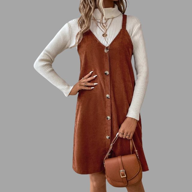 V-Neck Corduroy Dress with Strappy Details and Button Embellishments