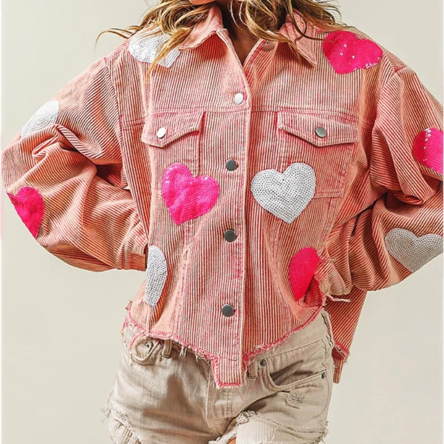 Heart-Embellished Corduroy Jacket with Sequin Details