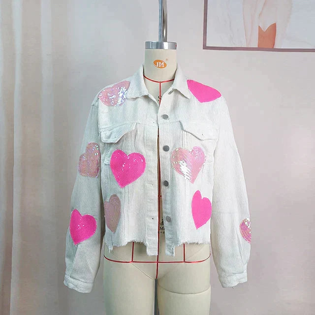 Heart-Embellished Corduroy Jacket with Sequin Details
