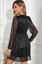 Chic Black Glitter Dress Featuring Graceful Mesh Overlay